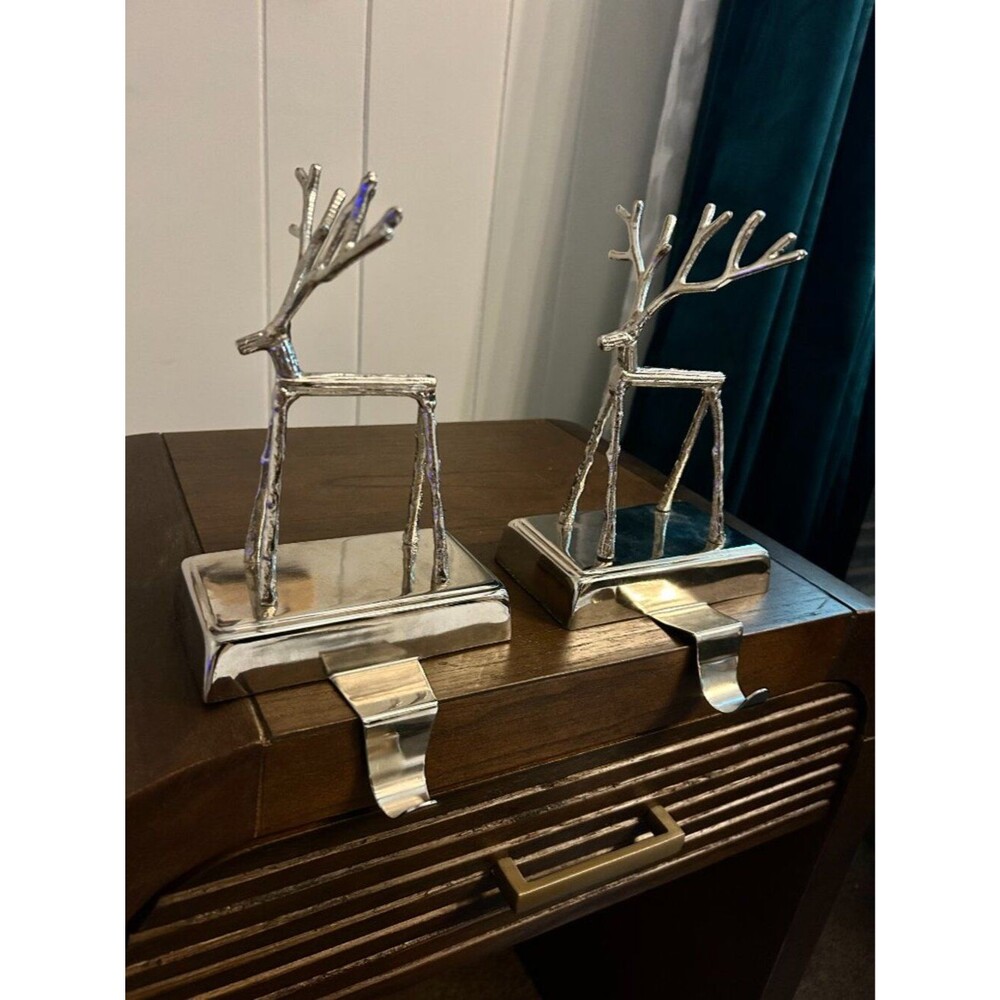 Pottery Barn - Silver Pair of 2 Twig Reindeer Stocking Holders - Weighted
